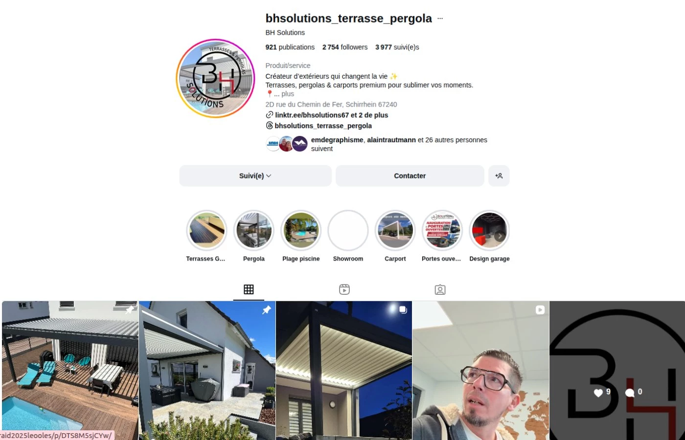 Le compte Instagram de BH Solutions, terrasses et pergolas en Alsace