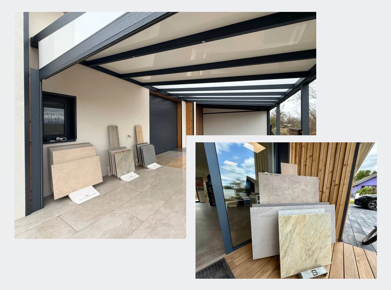 Terrasse en grès cérame exposée au showroom de Schirrhein